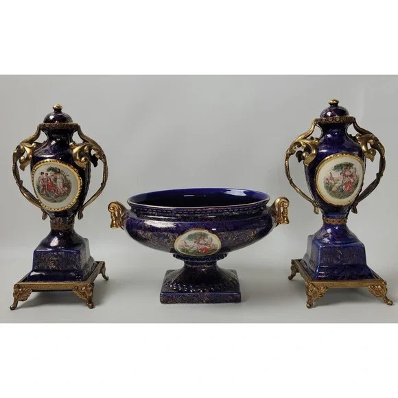Empire Porcelain Cobalt Gold Gilded Urn Centerpiece 3pc Garniture Set England