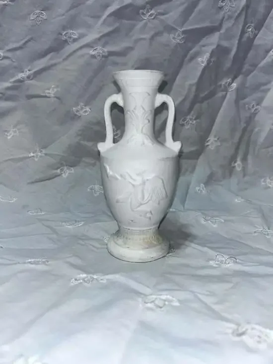 Vintage Neoclassical Bisque Porcelain Greek Amphora Bud Vase w Embossed Relief