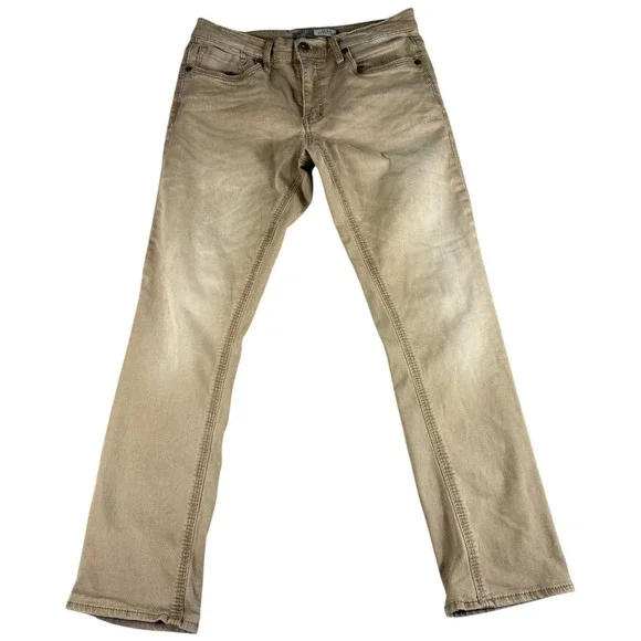 BKE Casuals Jake Straight Jeans Mens 33R Tan Khaki Denim Faded Rugged Workwear