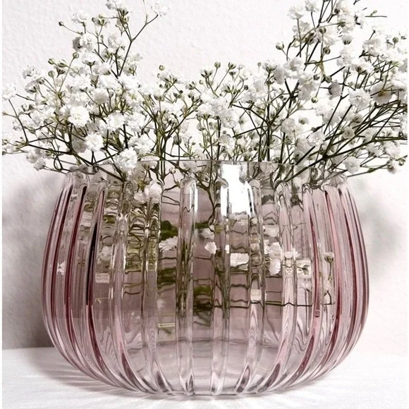 VTG Mauve Pink Ribbed Textured Large Glass Flower Vase Boudoir Home‎ Decor