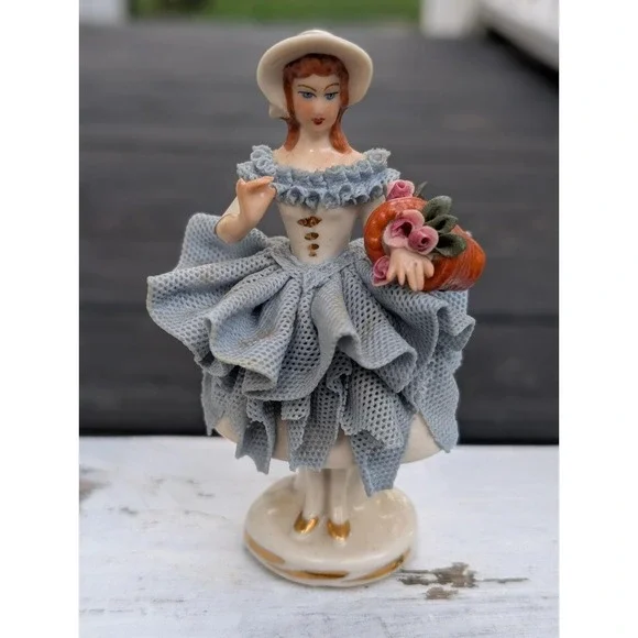 Vintage Dresden Porcelain Lace Figurine Carrying Basket of Flowers