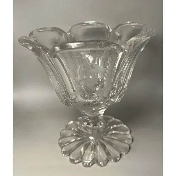 Vintage Crystal Flower Etched Compote Vase Scalloped Pedestal Bowl 6