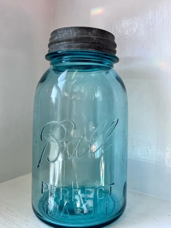 Vintage #13 Ball Perfect Mason Blue Glass Jar with Metal Lid