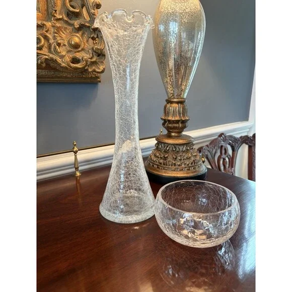 Vintage Crackle Glass Vase by Alwe Ruffled Top 11.75
