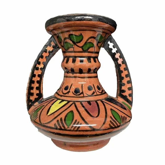 Vtg Hand Made Ruffled Vase Red Clay SAFI Pottery Hand Painted