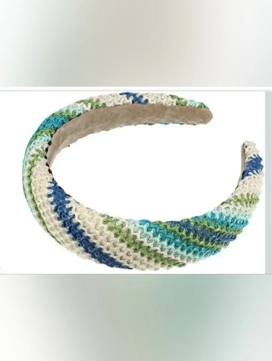 Raffia Woven Striped Blue Green Cream Headband
