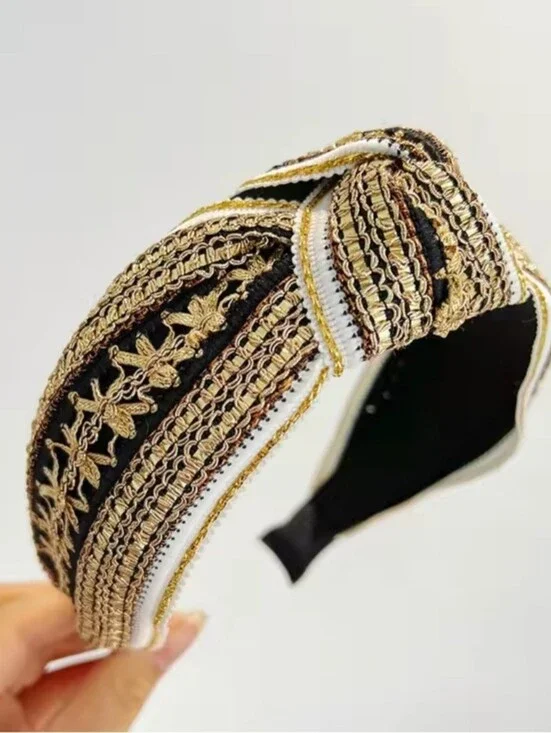 Boho Gold and Black Embroidered Knot Headband
