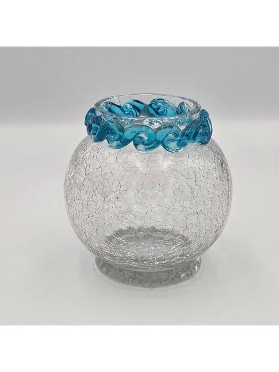 Hand-Blown Crackle Glass Small Vase Blue Swirl Rim 4