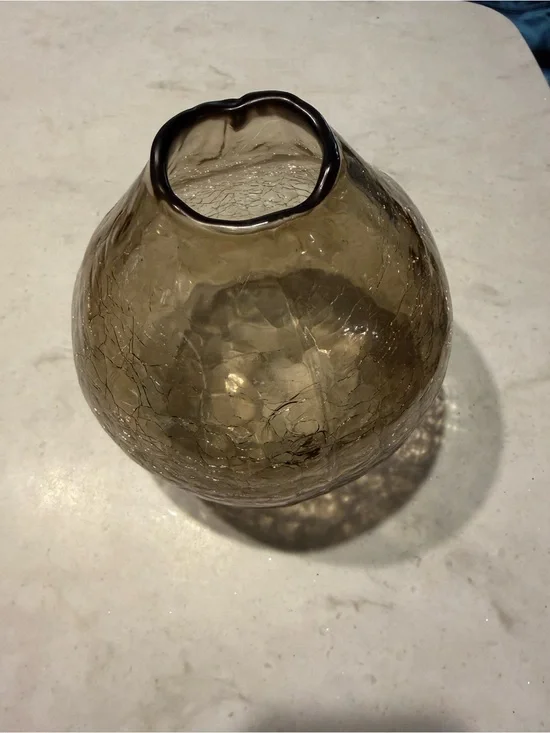 Anthropologie Smoky Gray Crackle Glass Vase 7” Tall 5” Wide Bulbous Hand Blown
