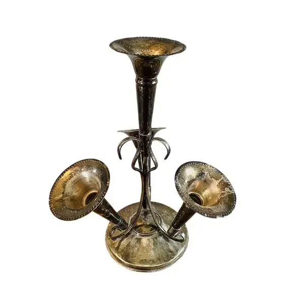 Antique Victorian Silverplate Epergne Centerpiece 4 Trumpet Vase Holder 12
