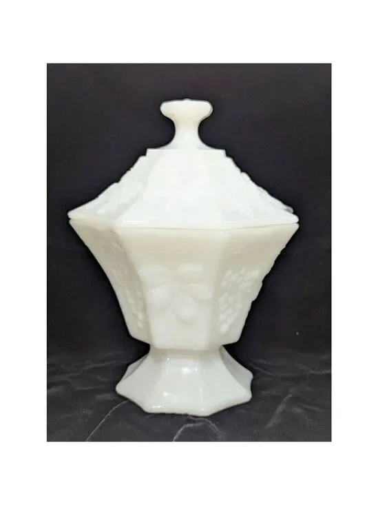 Anchor Hocking Milk Glass Lidded Pedestal Octagon Candy Dish Vase Grape Design