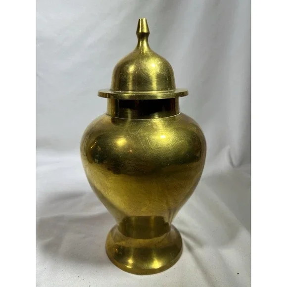 Vintage Solid Brass Lidded Ginger Jar MCM Mid Century Hollywood Regency Vessel