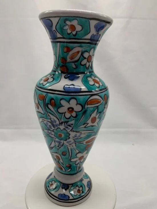 Handmade Greek Icaros Pottery Vase With Floral & Bird Motif Turquoise & White