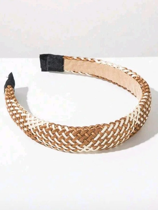 Summer Rattan Geometric Tan and Cream Woven Headband