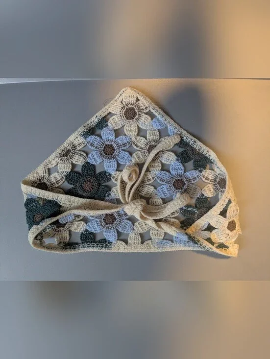 Crochet Floral Headscarf - Cream, Light Blue & Dark Green