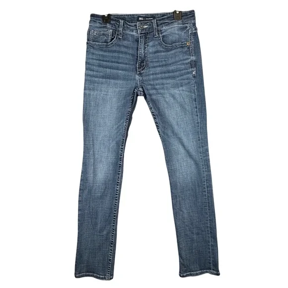 BKE Jake Straight Mens Blue Medium Wash Denim Jeans 30x30‎ Embroidery Whiskering