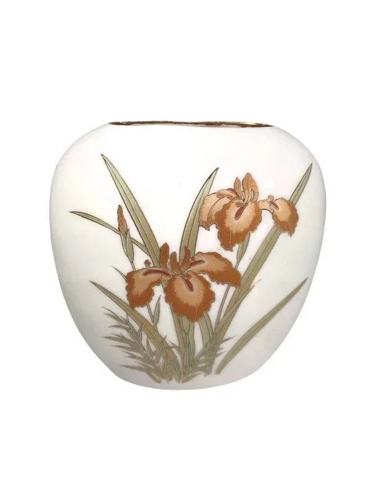 Vtg Japan Pillow Vase Iris Floral Metallic Gold Etched Glazed Copper Green 4.25
