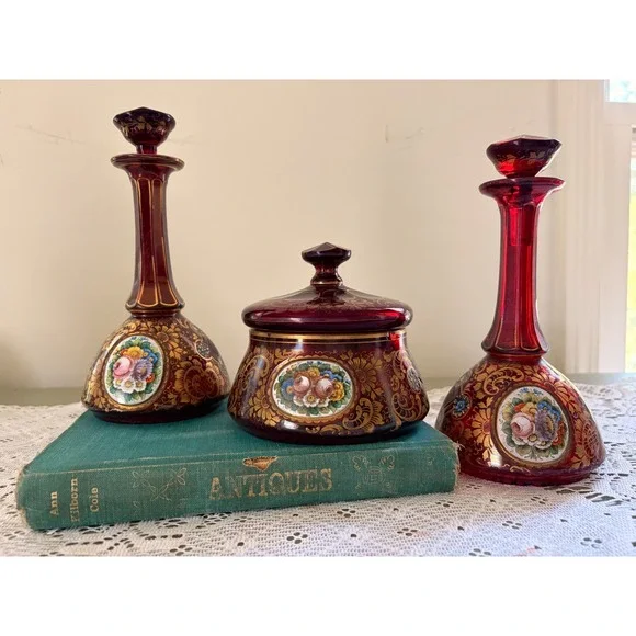Antique Late 1800's Bohemian Ruby Red Glass Vanity Set Gold Gilt Enamel Floral