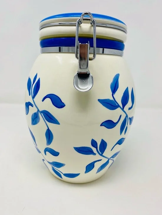 Blue Leaf Ceramic Storage Canister - Home Accents