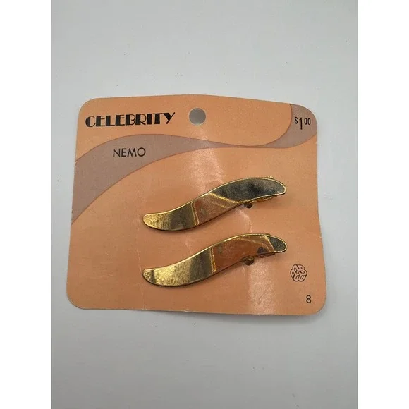 VTG 80's Celebrity Nemo Gold Tone Wavy Barrette Hair Clip‎ Set Women Accessory