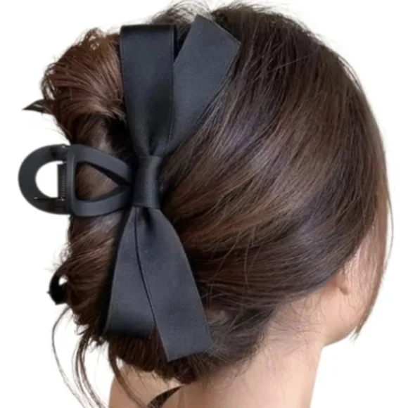 New! Large Black Satin Bow Hair Claw Clip • Updo Ponytail Hair Bow • NWOT