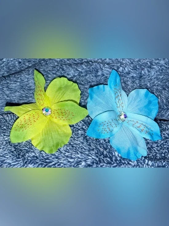 Artificial Flower Hair Clip Set - Blue & Lime