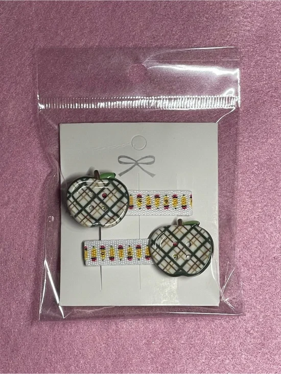 2 listings for $15 Handmade Cute Green Plaid Apple Hair Clips - Set of 2