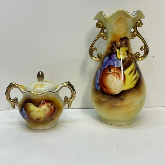 Vintage Enesco‎ Japan Ceramic Fruit Vase and Sugar Bowl Set Gold Trim E2350