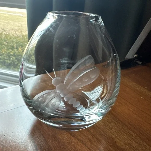 KROSNO Poland Clear Crystal Glass Vase‎ Etched DRAGONFLY for Crate & Barrel 4