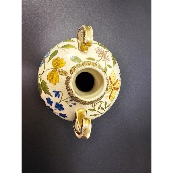 Vintage Hand Painted Floral Crackle Glaze Ceramic Amphora Vase Urn Gold Trm 5.5
