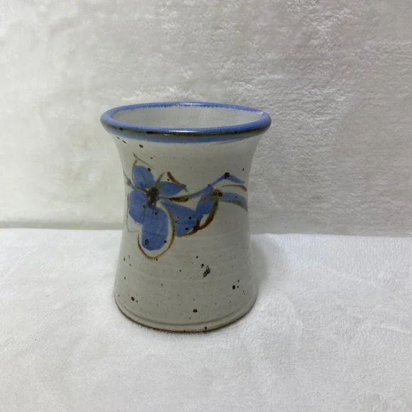 VTG Studio‎ Pottery Speckled Stoneware Vase Blue Floral Signed Makeup Brushes
