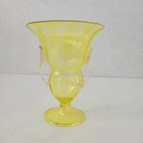 Vintage Yellow Blown Glass Trophy‎ Vase MCM Clear Leaf Handles 6.75in Art Glass