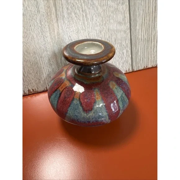 Quality‎ small pottery vase blues and pinks and teals, signed Vintage