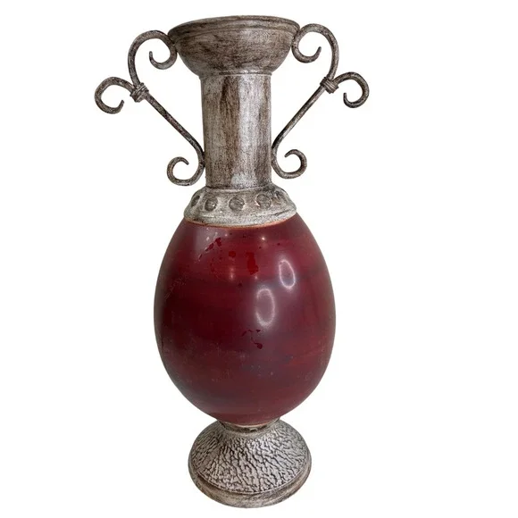 Large Metal Vase Marron‎ Scroll Tan Classic 90s Maximalist Vintage