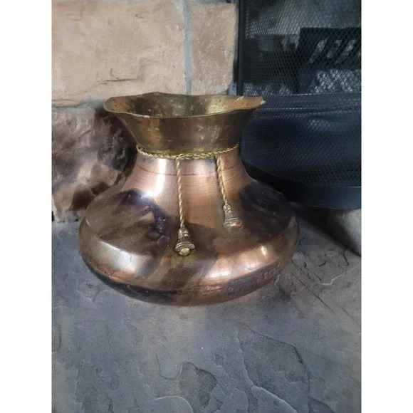 Vintage Copper & Brass‎ Planter Vase Mid Century Hammered Jardiniere Patina