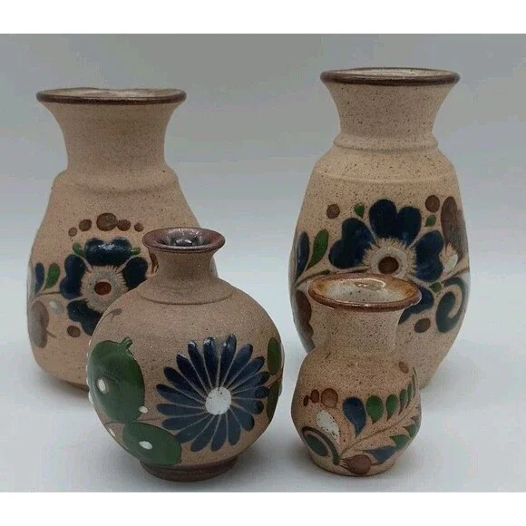 Tonala Sandstone Pottery Mexico Vases Floral Lot Of 4