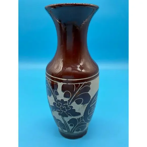 Vintage Brown Ceramic Vase‎ Handcrafted Floral Design 11