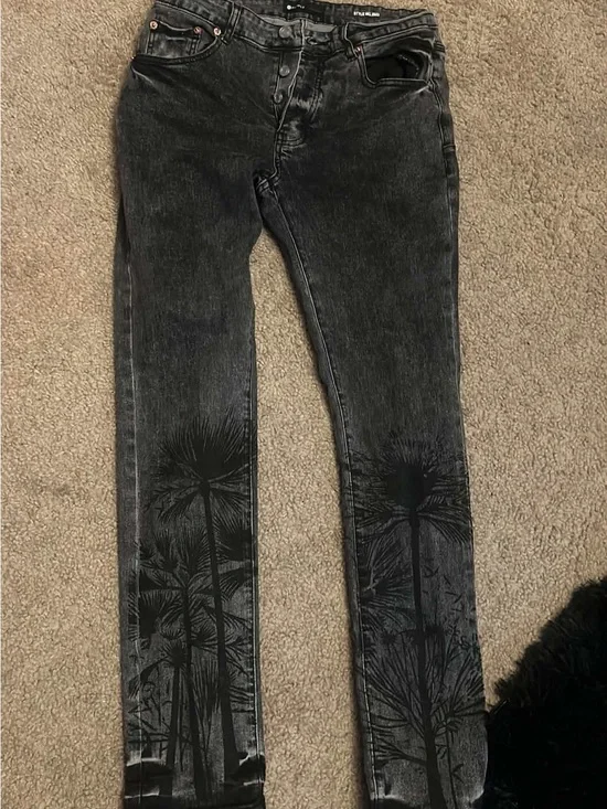 Purple Jeans: Black Palm-Print Skinny Jeans