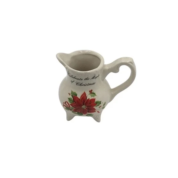 Vintage Christmas Poinsettia Ceramic Pitcher Vase Holiday‎ Decor