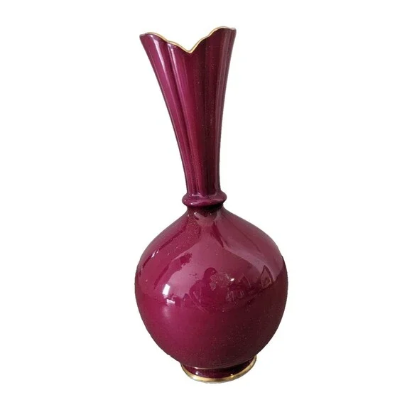Lenox 1960s Rare Vase 24K Gold Stamp Bulbous Bud Bulb Hand Painted Pink Red USA