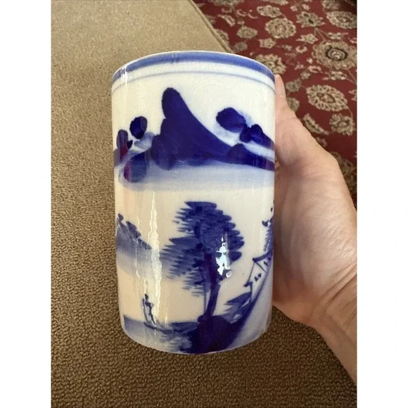 Vintage Blue & White Hand Painted Brush Pot Landscape 4.5