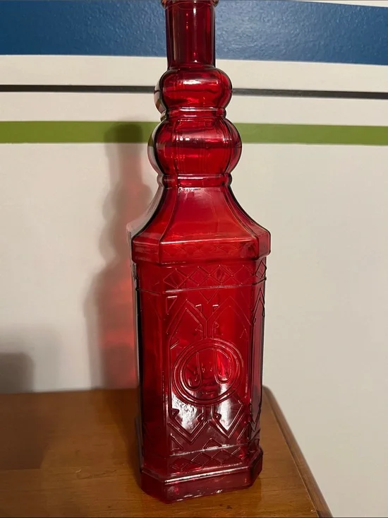 Vintage Ruby Red Embossed Glass Bottle Tall 11.75”