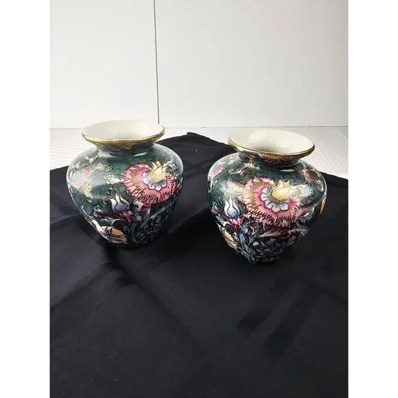 Vintage Chinese‎ Floral Porcelain Bud Vases Set of 2 Teal Gold Chinoiserie Decor