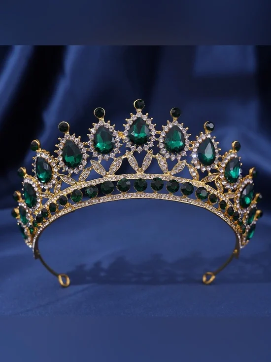 Emerald Green Crystal Tiara Crown - Gold Finish