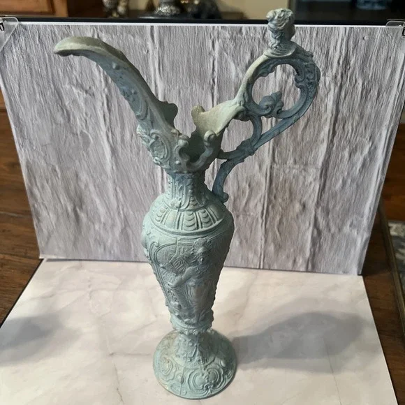 VTG Italian Ornate Ewer Vase – Rococo Revival Cast Metal with Verdigris‎ Finish