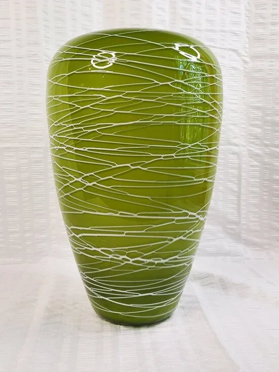 Hand Blown Cased Green White Swirl Art Glass Large Vase 13”