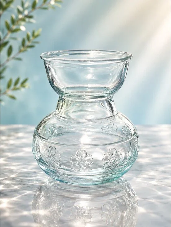 Vintage 1990s Embossed Clear Floral Glass Bulb Forcing Vase, 3x4”