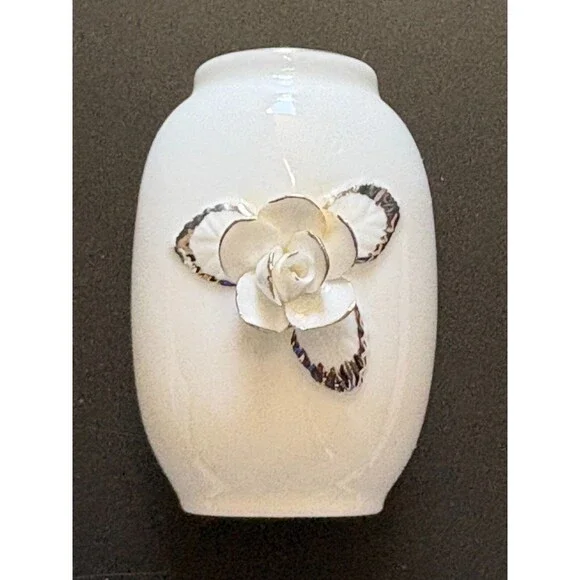 CROWN STAFFORSHIRE Bud Vase White Silver Trim Rose Floral Fine Bone China 2