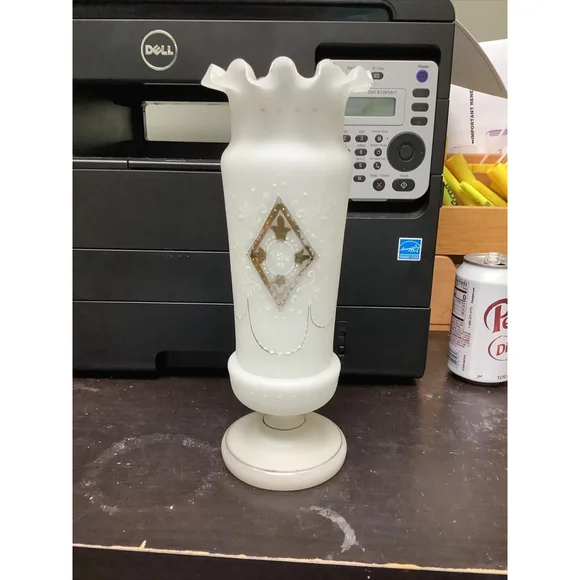 Victorian Hand Blown Frosted Satin Glass Mantel Vase Ruffled Rim Painted 11”