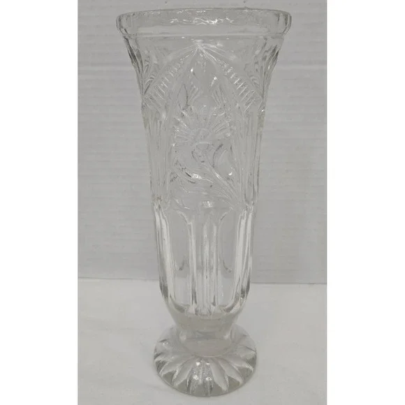Vtg Clear Pressed Glass Pedestal Vase, Scalloped Fan Diamond Rim Footed Trumpet